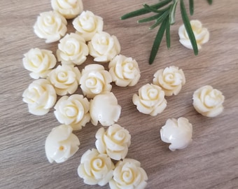 20+ Pcs Vanilla White Rose 10mm Resin Flower Beads Side Drilled Round Back Ivory - 10mm