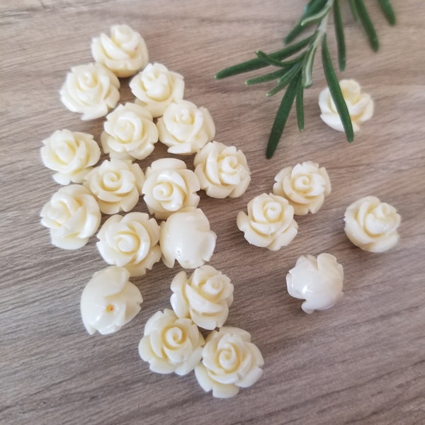 20+ Pcs Vanilla White Rose 10mm Resin Flower Beads Side Drilled Round Back Ivory - 10mm