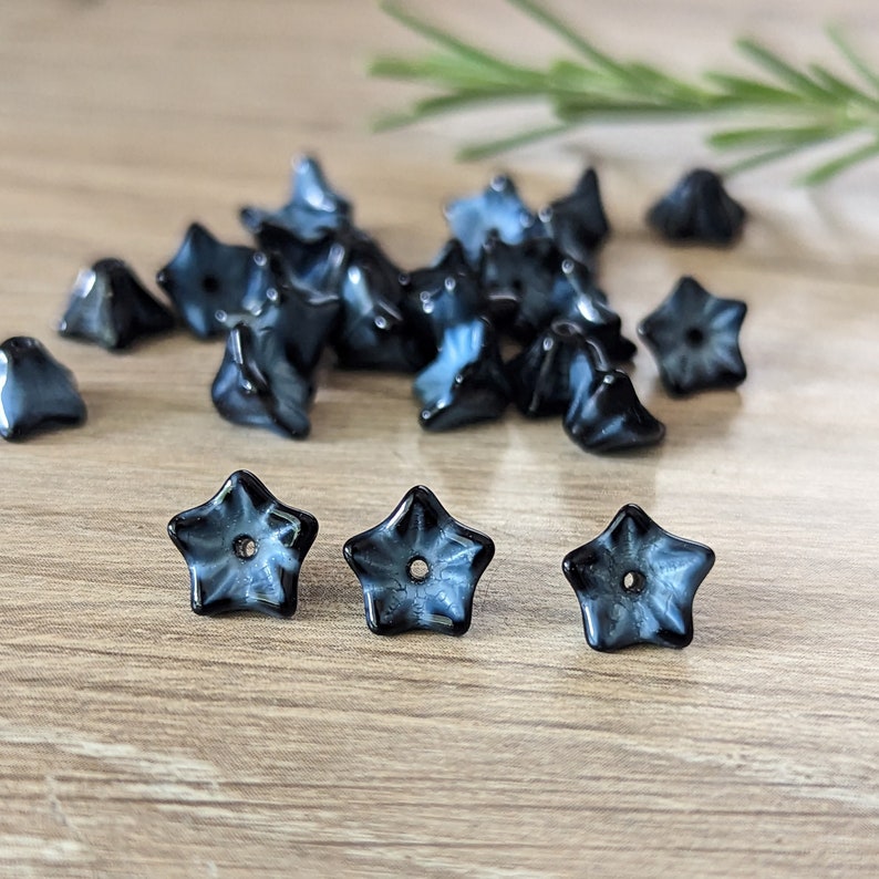 25 Pcs Jet Black and Blue Gray Mix 5 Point Bell Flowers Czech Pressed Glass Beads 6x9mm image 1