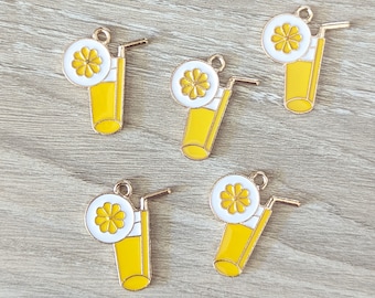 5+ Pcs Lemonade Enamel Charms - Summer Lemon Drink Tall Yellow Glass with Straw - 27mm