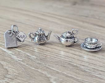8 Pcs Tea Time Collection 3D Charms - Antique Silver Alloy - Teapot Kettle Cup Saucer Tea Bag - 12-15mm