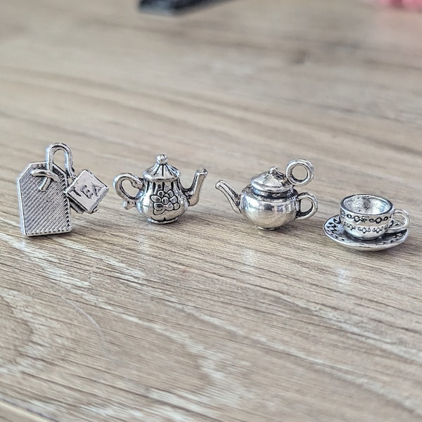 8 Pcs Tea Time Collection 3D Charms - Antique Silver Alloy - Teapot Kettle Cup Saucer Tea Bag - 12-15mm