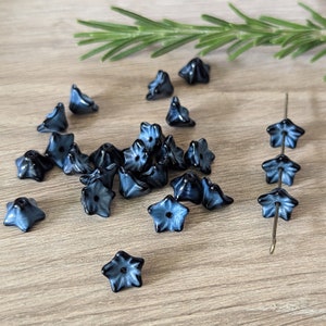 25 Pcs Jet Black and Blue Gray Mix 5 Point Bell Flowers Czech Pressed Glass Beads 6x9mm image 3