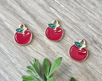 Red Apple Fruit Enamel and Alloy Metal Charm 11x13mm (10 Pcs)