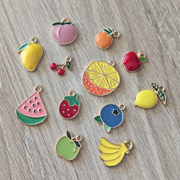 6 or 12 Pcs Summer Fruit Stand Enameled Charms - Blueberry Mango Watermelon Peach Strawberry Apple Orange Lemon Banana - 11mm-21mm