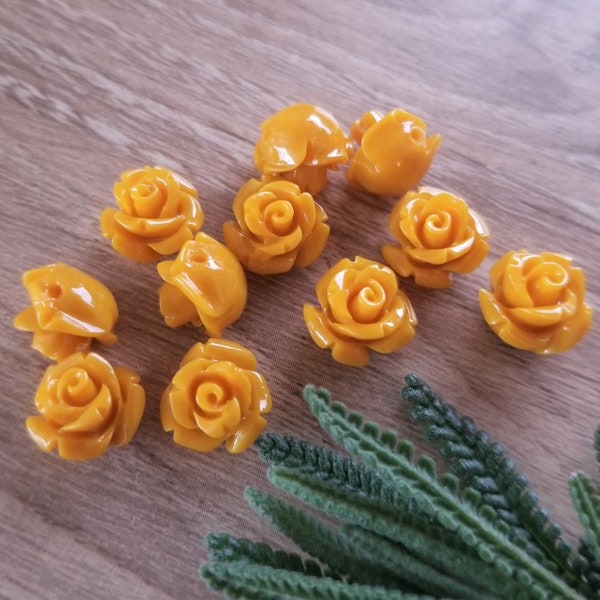 20+ Pcs Yellow Rose  10mm Resin Flower Beads Side Drilled Round Back - 10mm