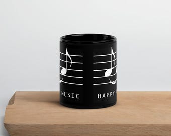 Happy Music Black Glossy Mug