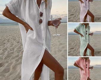 Abito a camicia lunga in lino di cotone per donna 2024 Abito estivo a maniche corte casual in puro colore da spiaggia