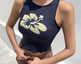 Floral Print Tank Tops Y2k Aesthetic Corset Women's Black 2021 Summer Fashion Casual Cute Short Vest Off Shoulder Crop Tops