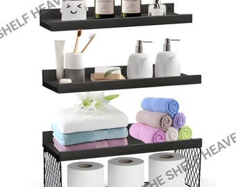 Set of 3 Bathroom Wood Shelf, Wire Storage Basket, Floating Shelf for Wall Decor, Kitchen Shelving, Over Toilet Storage, Wall Shelves