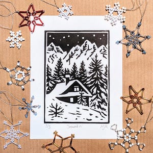 Snowed in - Original handmade lino print art