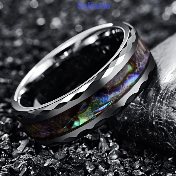 Rainbow Opal Tungsten Wedding Band, Man Nebula Ring, Blue Space Ring, Mens ring , Black Ring for Him, Unique Man Ring, Rainbow Ring