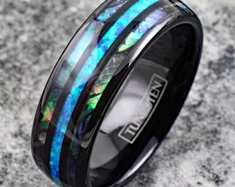 Blauer Aqua-Wolfram-Ring, Herren-Wolfram-Ring, Mutli-Farbring, blauer Ring, blauer Wolfram-Ring, Ring für Sie und Ihn, Nebelring, Weltraumring,