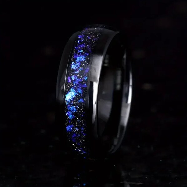 Orion Nebula Ring, Set His and Her Tungsten , Wedding Band , 8mm , Black Ring  Outer Space Couples Ring Polish Space ring Galaxy Ring Energy