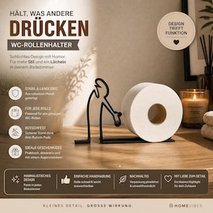 Könnte beinhalten: Ein schwarzer Toilettenpapierhalter aus Metall mit minimalistischem Design, der eine Strichmännchen-Figur zeigt. Der Halter trägt eine Rolle weißes Toilettenpapier. Das Bild enthält Text auf Deutsch.