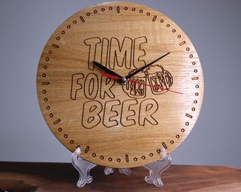 Exclusive wooden clock, time for beer, Wood wall clock, Wood clock, Handmade clock, Wall decor, Engraving wall clock, Classic, Rustic clock