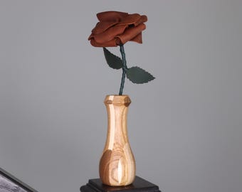 Personalized Leather Forever Rose & Wooden Vase Option — 3rd Anniversary Gift for Her — Custom Color Leather Flower Handmade — Engraved Leaf