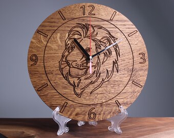 Exclusive wooden clock, lion, lew, Wood wall clock, Wood clock, Handmade clock, Wall decor, Engraving clock, Classic, Rustic clock