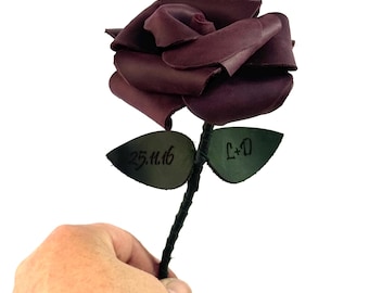Personalized Leather Forever Rose & Wooden Vase Option — 3rd Anniversary Gift for Her — Custom Color Leather Flower Handmade — Engraved Leaf