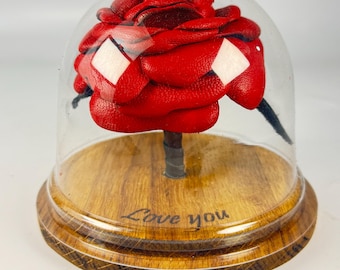 Personalized Leather Forever Rose — Handmade Flower on Oak Wooden Base — Engraved Gift Under Clear Dome — Unique Romantic Anniversary Gift