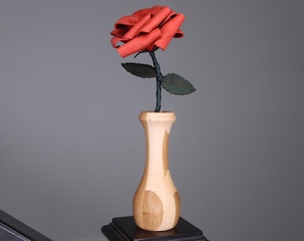Personalized Leather Forever Rose & Wooden Vase Option — 3rd Anniversary Gift for Her — Custom Color Leather Flower Handmade — Engraved Leaf