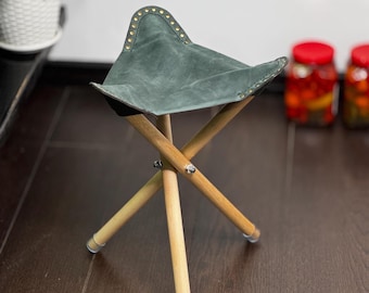 Handmade Folding Tripod Stool with Removable Crazy Horse Leather Seat – Beech Wood, Handstitched Portable Camping Chair – Three Legged Chair