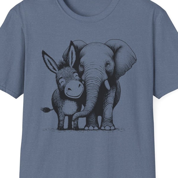 Donkey and Elephant Democrat and Republican Political Shirt Unisex Softstyle T-Shirt Donkey Shirt Elephant Shirt Moderate Voter Shirt