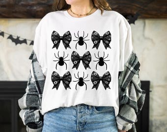 Camiseta de Halloween con coqueta Camiseta de Halloween Camiseta de arañas y lazos Camiseta de otoño de temporada espeluznante Camiseta de Halloween Camiseta de lazo de Halloween Camiseta social de Halloween