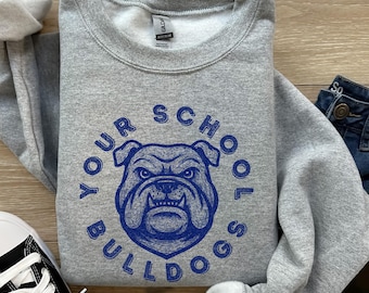Felpa personalizzata con mascotte retrò Bulldog, colori scolastici, felpa Bulldogs, ritorno a scuola, Bulldogs, football, basket, forza Bulldogs