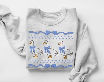 Retro Goose Sweatshirt Goose Bow Shirt Vintage Style Graphic Sweatshirt Blue Goose Graphic Shirt Goose Sweatshirt Retro Graphic Goose Shirt