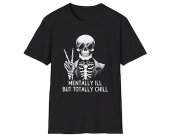 Camiseta engraçada de esqueleto de Halloween Camiseta de esqueleto de esqueleto Camiseta de humor de saúde mental Camiseta de Halloween Camiseta assustadora de temporada escura de Clowncore Memecore