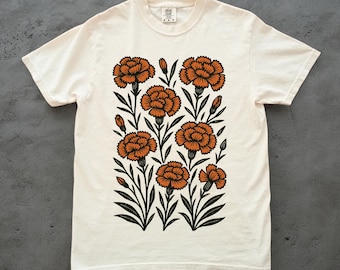 Marigold T-shirt, Screen Printed, Hand Printed, Floral Print