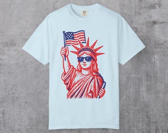 Lady Liberty Shirt mit amerikanischer Flagge Bequeme Farben Vaterländisches Shirt 4. Juli Unabhängigkeitstag Shirt Block Print Amerika T-Shirt Freiheitsstatue