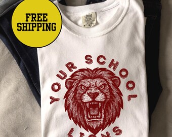 Personalize a cor da camisa do mascote dos Leões retrô, camisa dos Leões, cores confortáveis, volta às aulas, futebol, basquete, leões, mãe, vá, leões