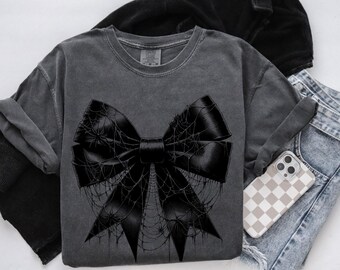 Camisa de telaraña de colores cómodos de Halloween de coqueta Camisa de Halloween de temporada espeluznante Camisa de lazo gótico Camisa de araña aterradora Camisa de otoño Camiseta de araña