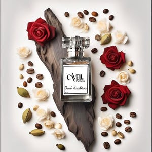 May include: A clear glass bottle of perfume with a silver cap. The bottle is labeled "CAVEIL Parfums Oud Arabica 30 ml". The bottle is surrounded by coffee beans, white roses, and green cardamom pods on a dark brown wooden surface.