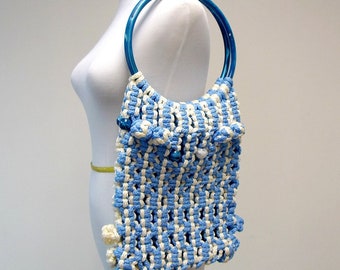 70s blue and white MACRAME handbag