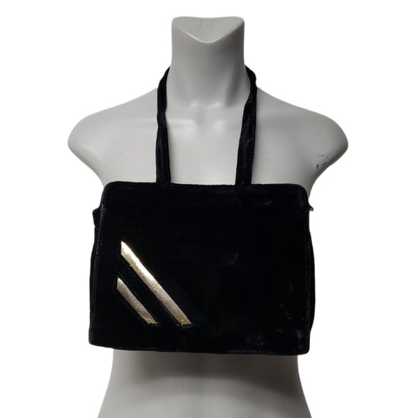 50s - 60s gold stripe applique black velvet 2-strap shoulder bag