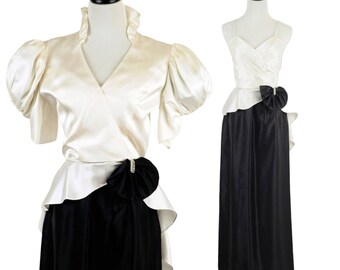 80s  black and white puffy statement sleeves Party Dress . 2 pieces . small