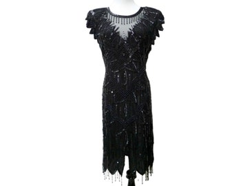 90s SCALA black silk beaded dress . large