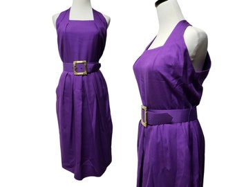 90s Gillian purple silk sleeveless pleated dress and statement buckled belt set . size 8