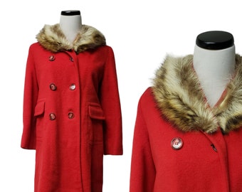 90s fur collared red pea coat . fits like small to medium