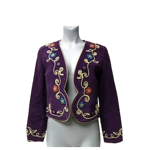 90s Suede Bolero Jacket: Embroidered Floral Beaded Leather, Size M