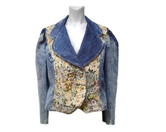 80s Jean Vaughn Designs double breasted denim tapestry jacket . size XL . made in USA