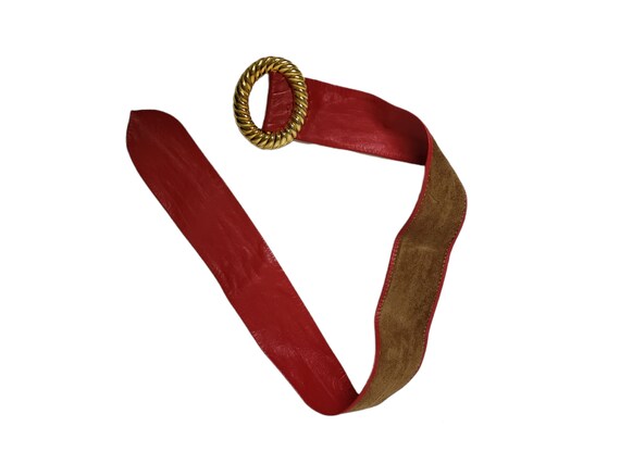 70s - 80s gold oval buckle red leather wide belt - image 6