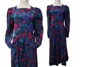 80s - 90s Laura Ashley floral printed corduroy long sleeve dress . size US 10 . made in Great Britain