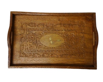 Artisan Carved & Inlaid Wood Serving Tray