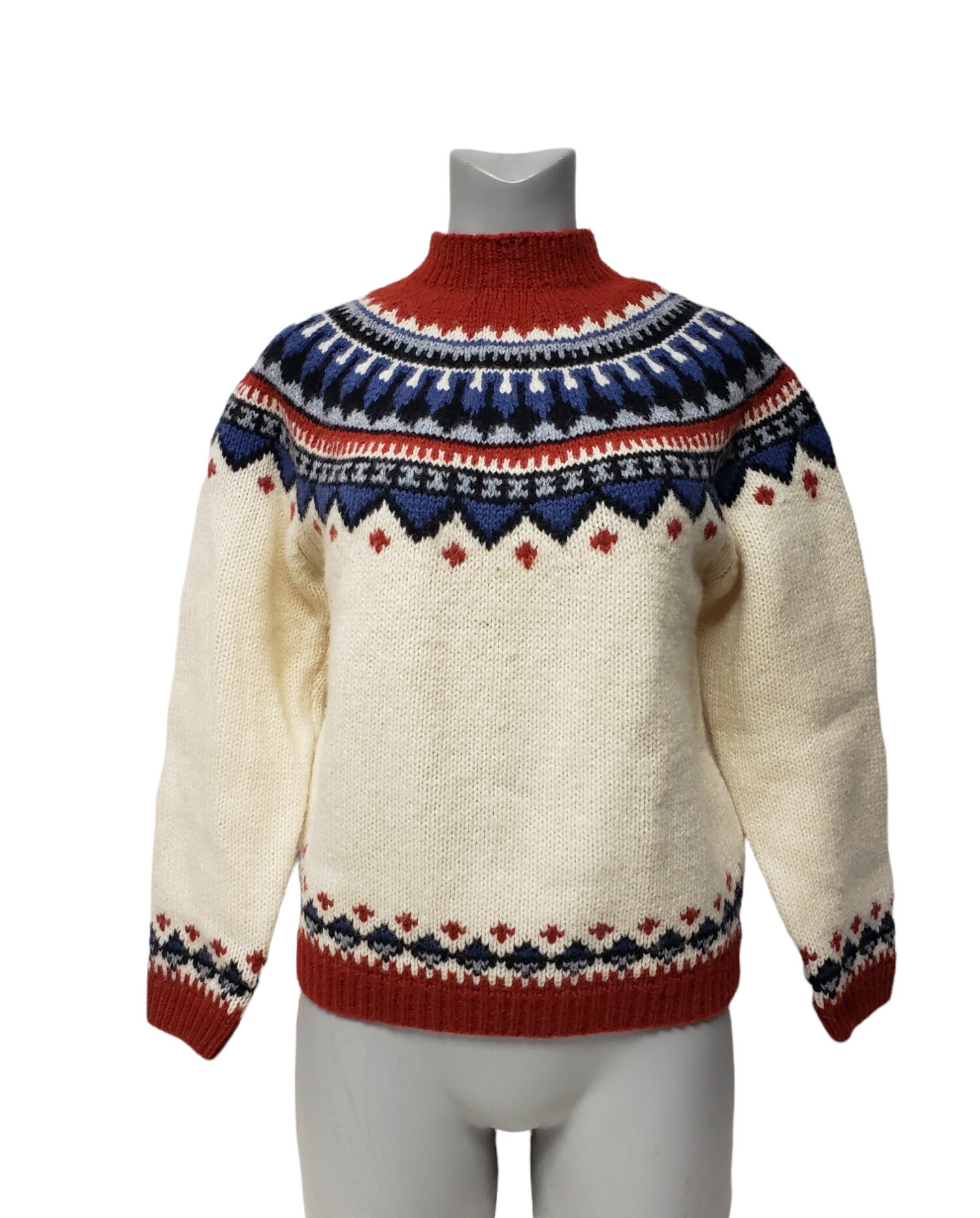 トップス 80s Eddie bauer shawl color knit sweater Vintage 1980s Eddie Bauer Pink Red Orange Fair Isle Nordic