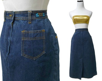 Moody's Goose . 70s 80s high waist denim midi skirt . size 13 - 14 / 27" waist