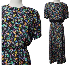 80s - 90s Liz Claiborne  multi-neon color printed midi dress . size 12